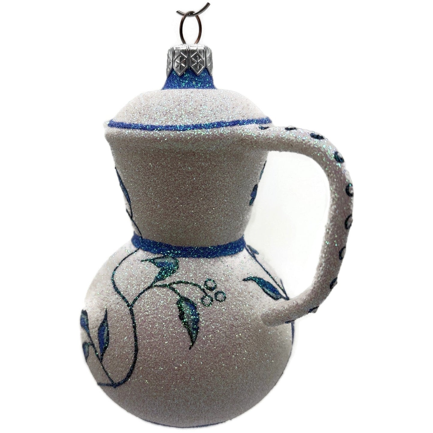 Patricia Breen Sweet Cream Glittered Blue Flowers Pearl White Spring Ornament