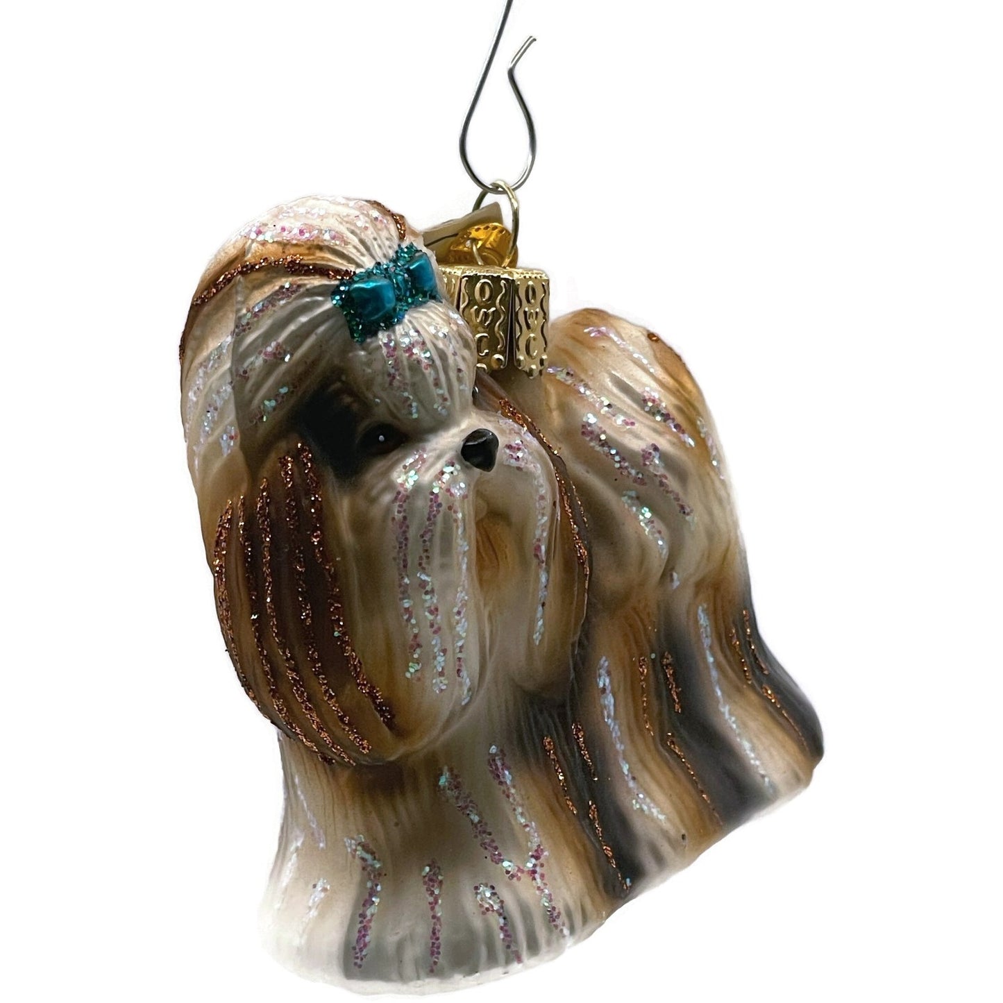 OWC Shih Tzu Dog Ornament Blue Bow Pet Glittered Old World Christmas Tree Decor