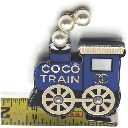 Coco Chanel Train Brooch 20C AB3237 Blue Black Gold Pearl CC Logo Rare