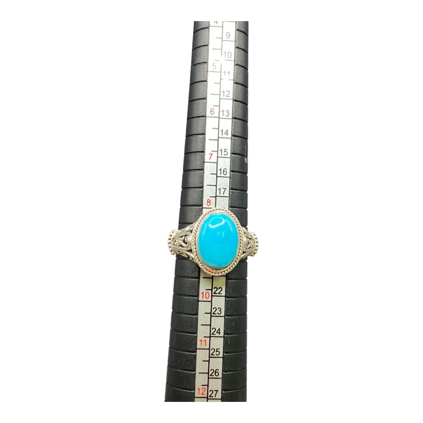 925 Sterling Silver Filigree Oval Turquoise Gemstone Cocktail Ring Size 8 3/4