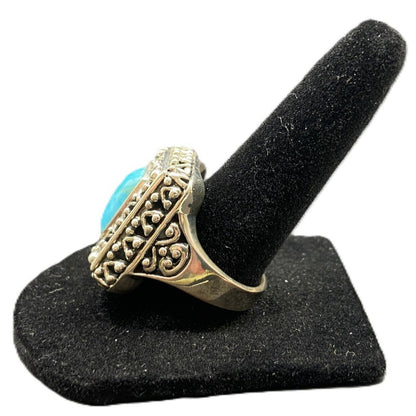 Cocktail Ring Size 8.5 Turquoise 925 Sterling Silver Filigree Rectangle Gemstone