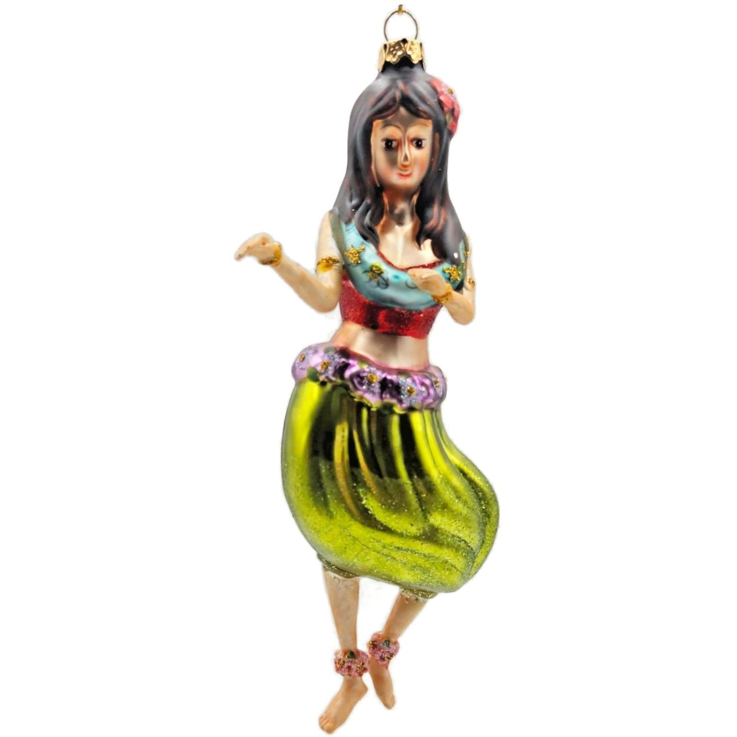 Hawaiian Hula Girl Dancer Summer Glass Green Dress Christmas Tree Ornament