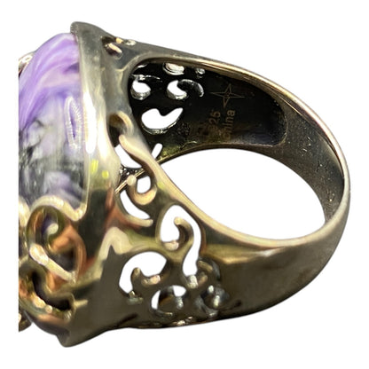925 Sterling Silver Ring Oval Marbled Purple Russian Charoite Crystal Size 7
