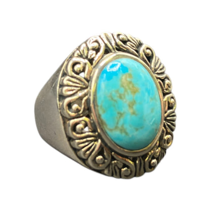Ring Filigree Turquoise Gemstone Oval Cabochon NK 925 Sterling Silver Size 7.75