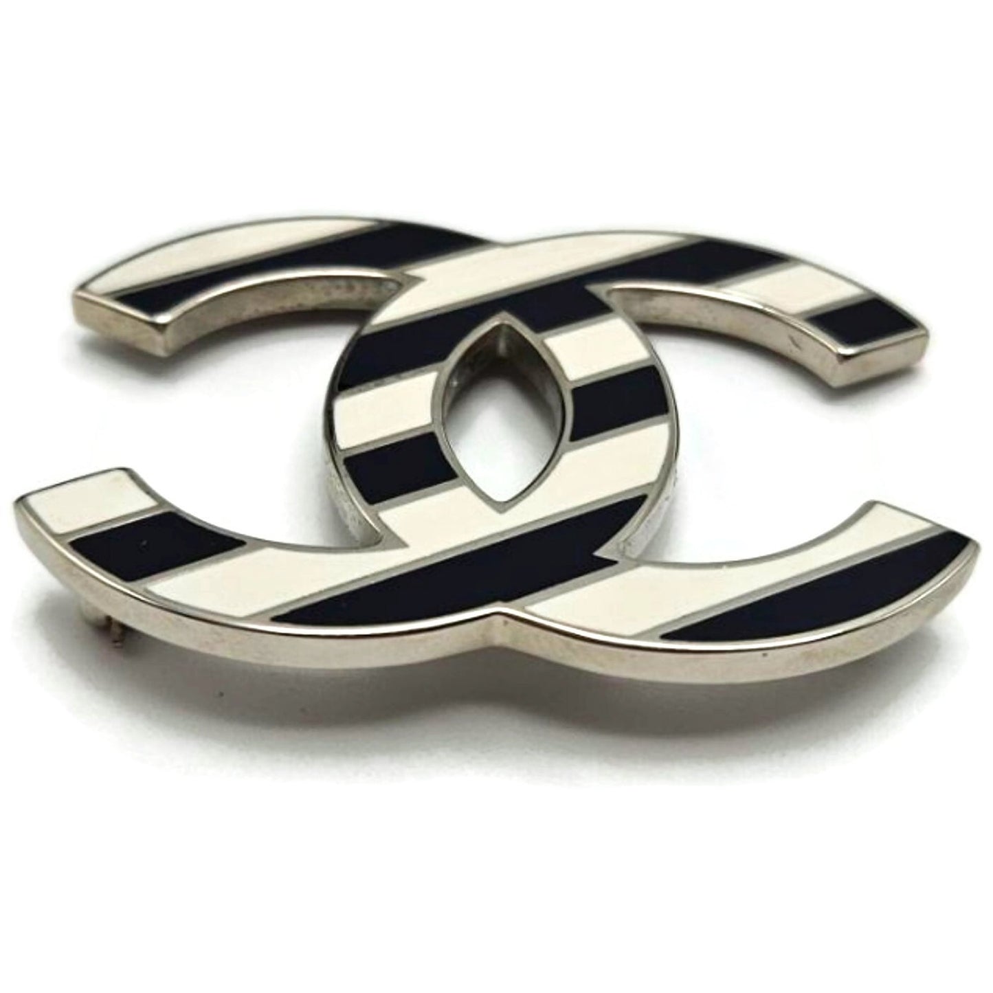 Co Co Chanel Brooch Pin Striped Enamel White Navy Blue with Velvet Pouch Box Tag