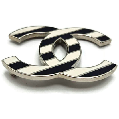 Co Co Chanel Brooch Pin Striped Enamel White Navy Blue with Velvet Pouch Box Tag