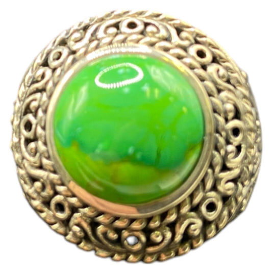 925 Sterling Silver Ring Green Turquoise Gemstone 7.5 Filigree Round Cabochon