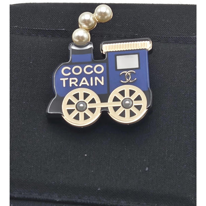 Coco Chanel Train Brooch 20C AB3237 Blue Black Gold Pearl CC Logo Rare