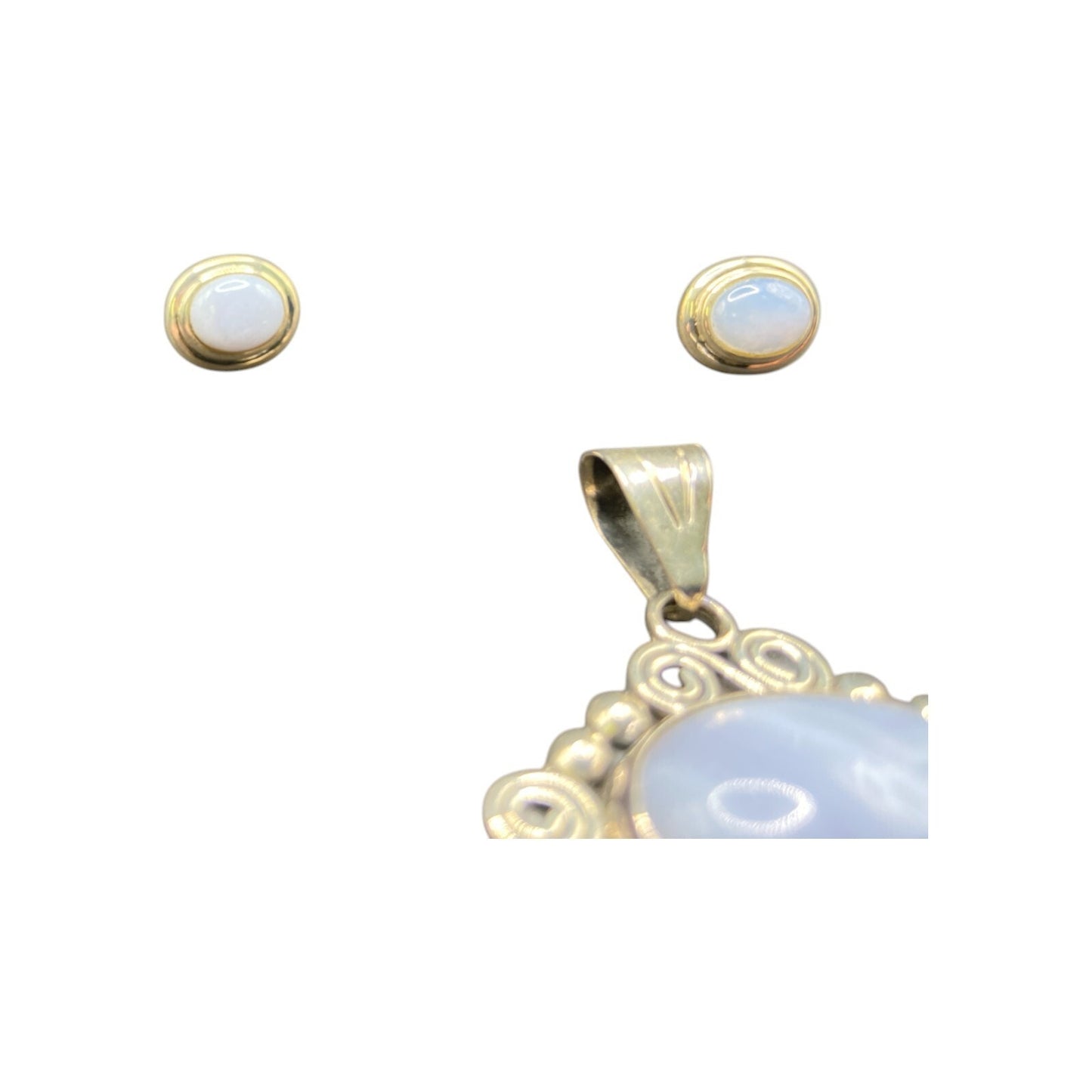 Blue Lace Agate Pendant Stud Earrings Set Marbled Stone 925 Sterling Silver CII
