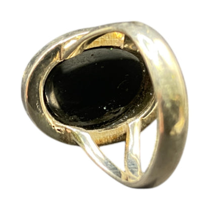 Black Onyx Cocktail Ring Oval Cabochon Gemstone Silver Tone Metal Size 7
