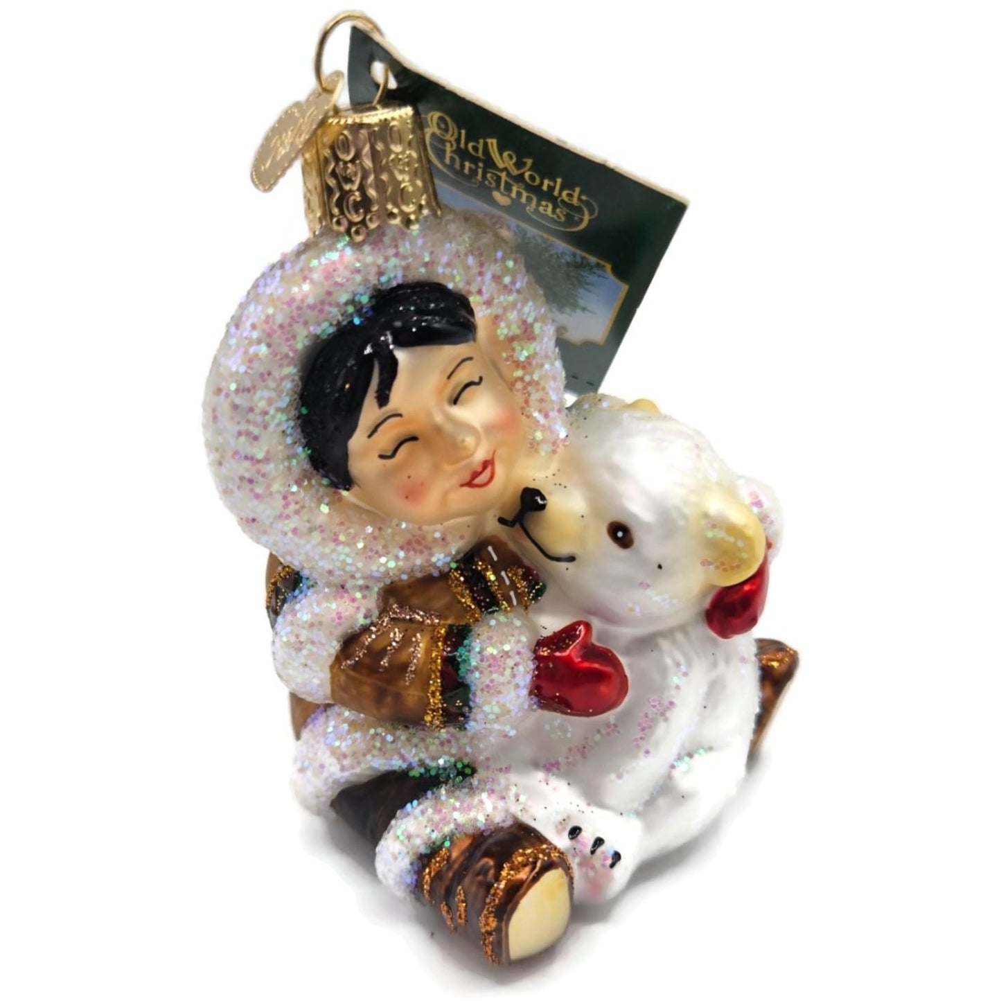 Eskimo Giggles Hugging Polar Bear Cub Old World Christmas Tree Ornament OWC