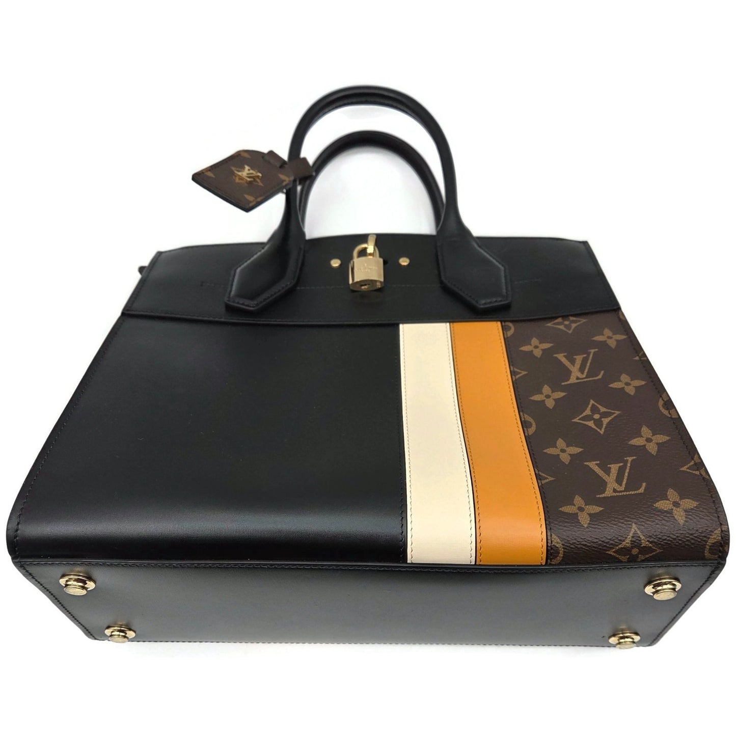 Louis Vuitton City Steamer MM Handbag M55433 Black Calfskin Monogram Stripe Bag