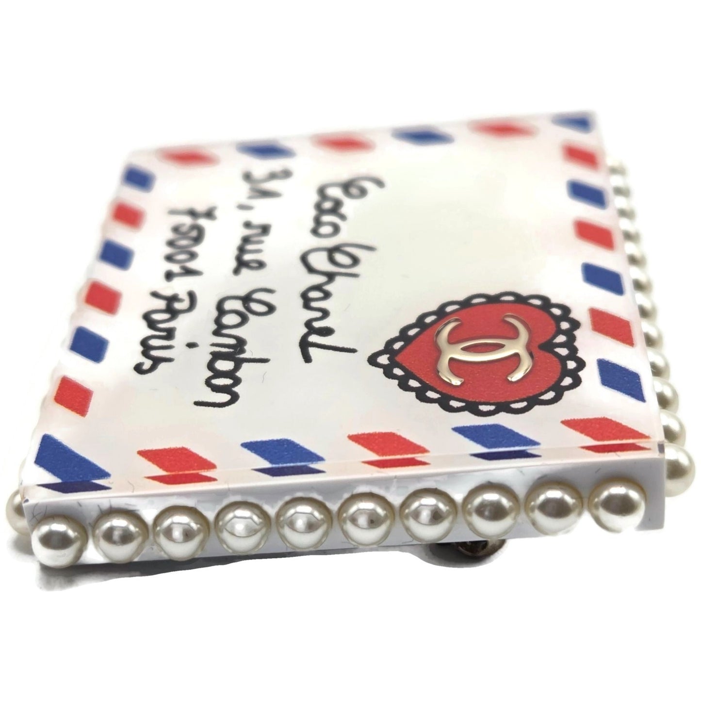 Chanel 19C Rue Cambon Paris Letter Brooch Pin AB0919 CC Logo Pearl Airmail Blue