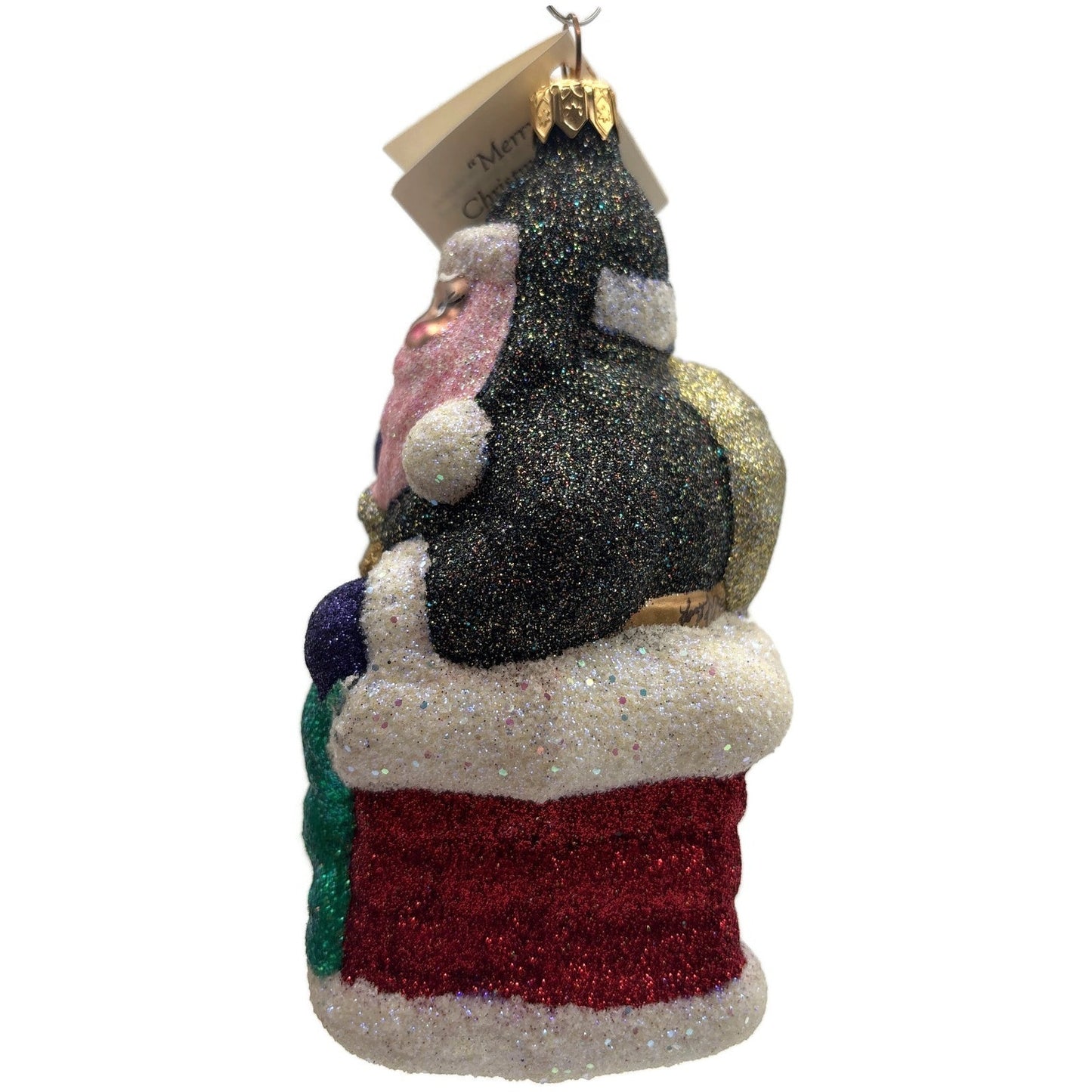 Larry Fraga Glitter Series Santa Claus in Chimney Glass Christmas Tree Ornament
