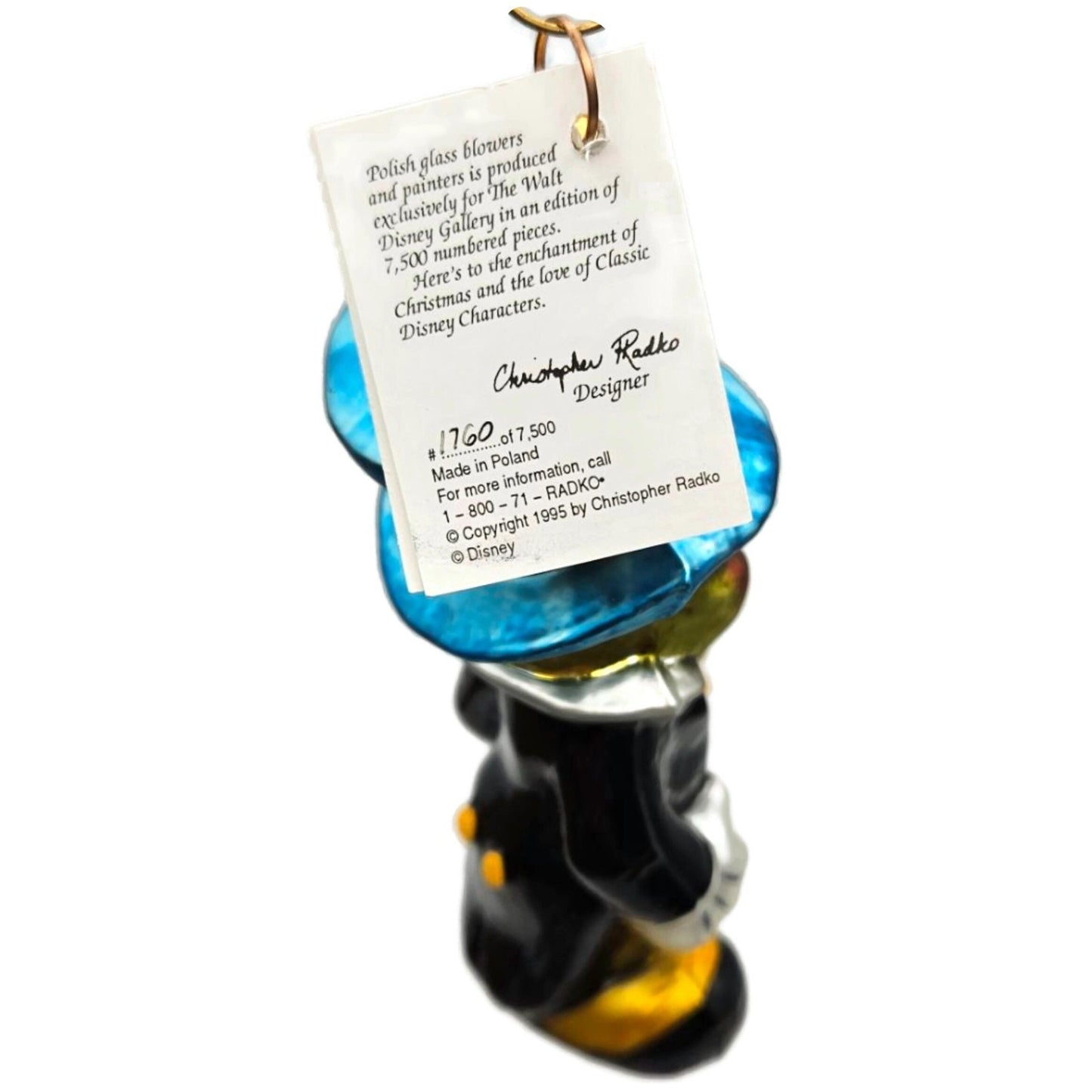 Christopher Radko By Jiminy Cricket Disney Limited Edition Christmas Ornament