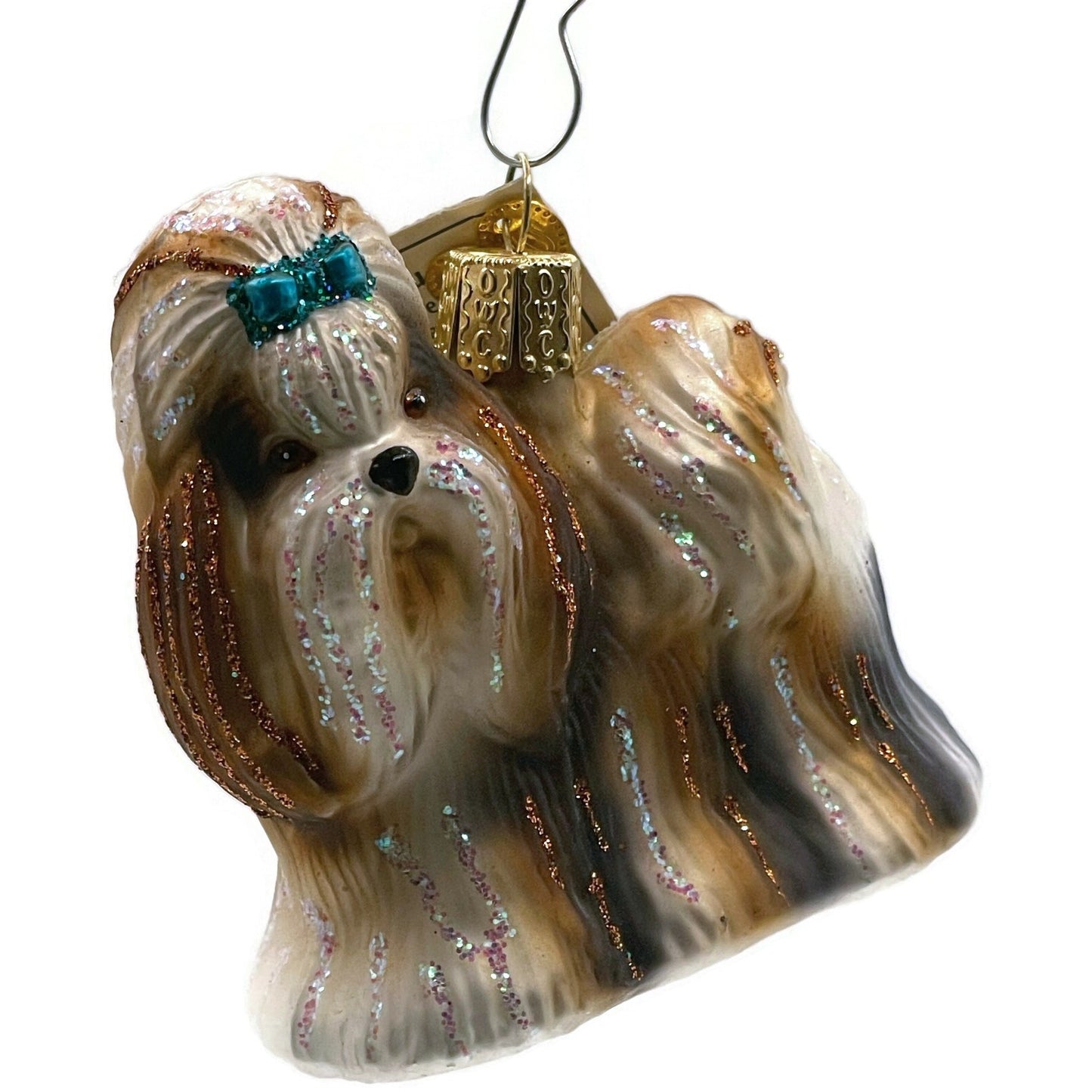 OWC Shih Tzu Dog Ornament Blue Bow Pet Glittered Old World Christmas Tree Decor