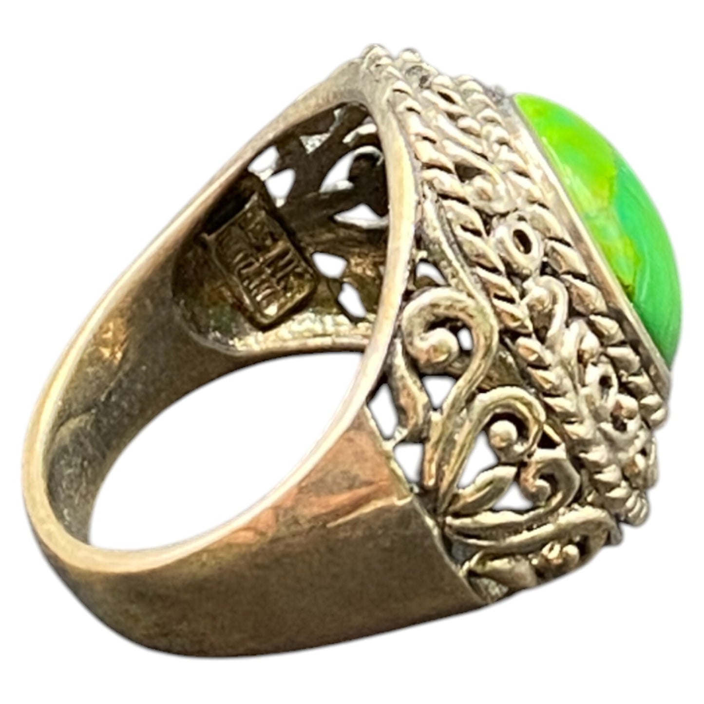 925 Sterling Silver Ring Green Turquoise Gemstone 7.5 Filigree Round Cabochon