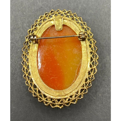 Vintage Cameo Brooch Lady Necklace Mid Century Oval Gold Tone Metal Filigree