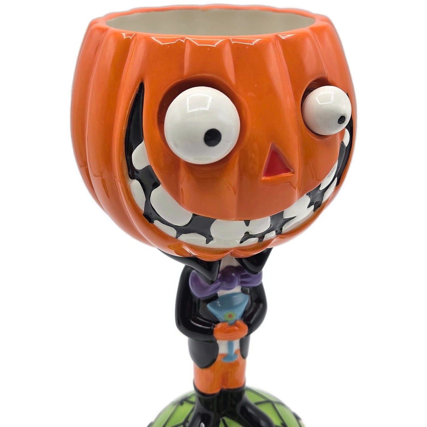 Department 56 Halloween Google Eye Pumpkin Head Goblet Ceramic Dish Spider Web