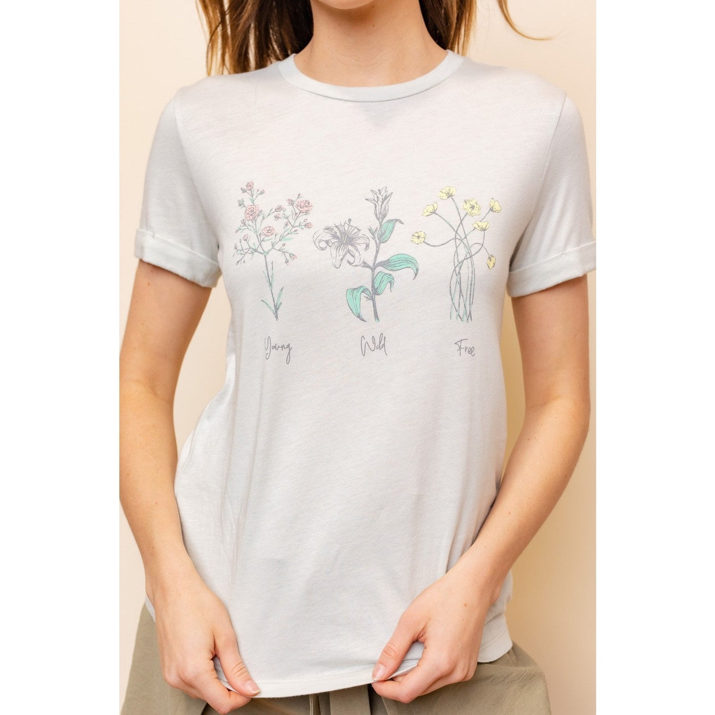 Womens Tee Shirt Cotton Floral Vintage Young Wild Free Green Lace & Lilac