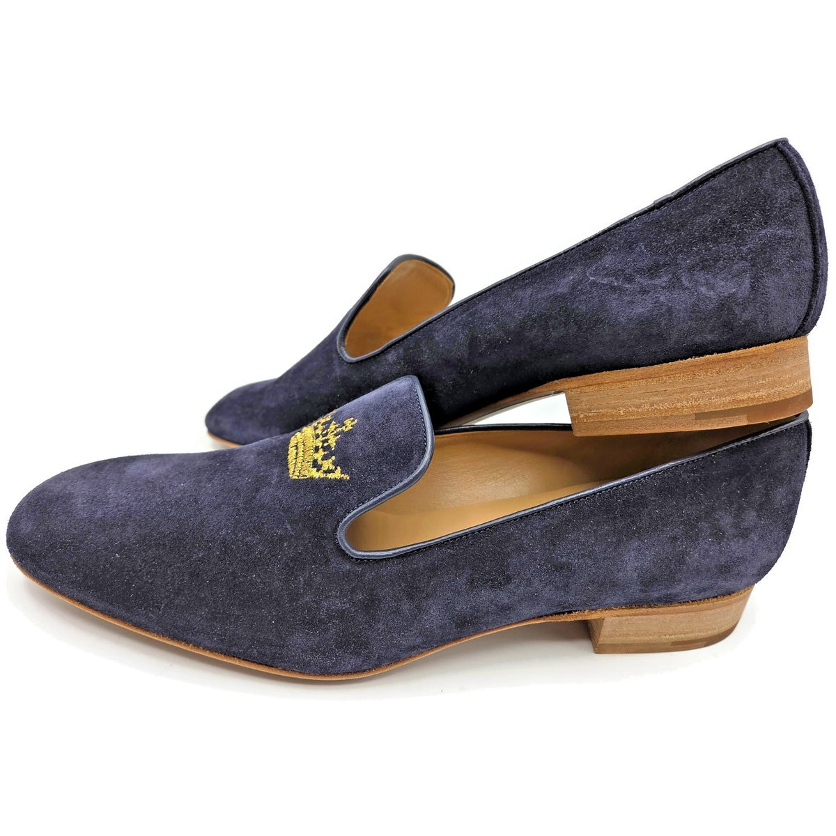 Churchs Flora 2 Dark Blue Suede Loafers Crown Embroidered Luxury Shoes Rare