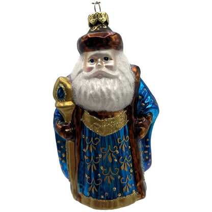 Santa Claus with Staff Blue Robe Gold Stars Christmas Tree Ornament