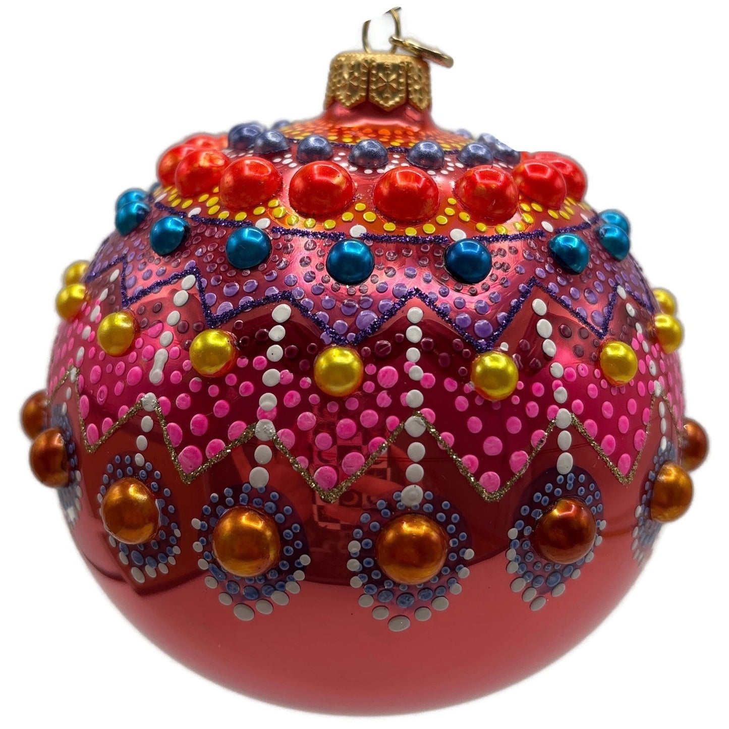 Glitter Lab Coral Mandala Ball Polka Dots Red Gold Christmas Tree Ornament