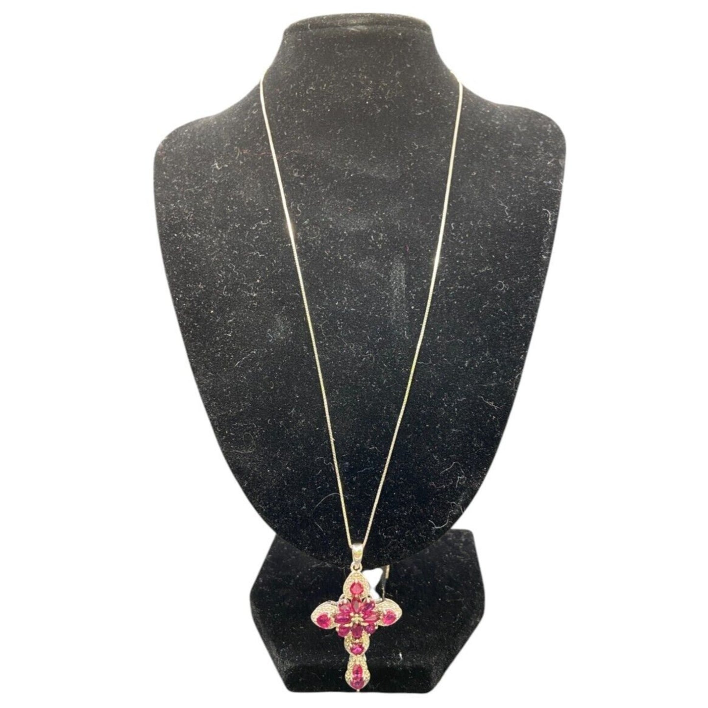Red Mahaleo Ruby Rhodium Cross Pendant 925 Sterling Box Chain Necklace