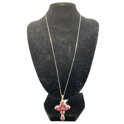 Red Mahaleo Ruby Rhodium Cross Pendant 925 Sterling Box Chain Necklace