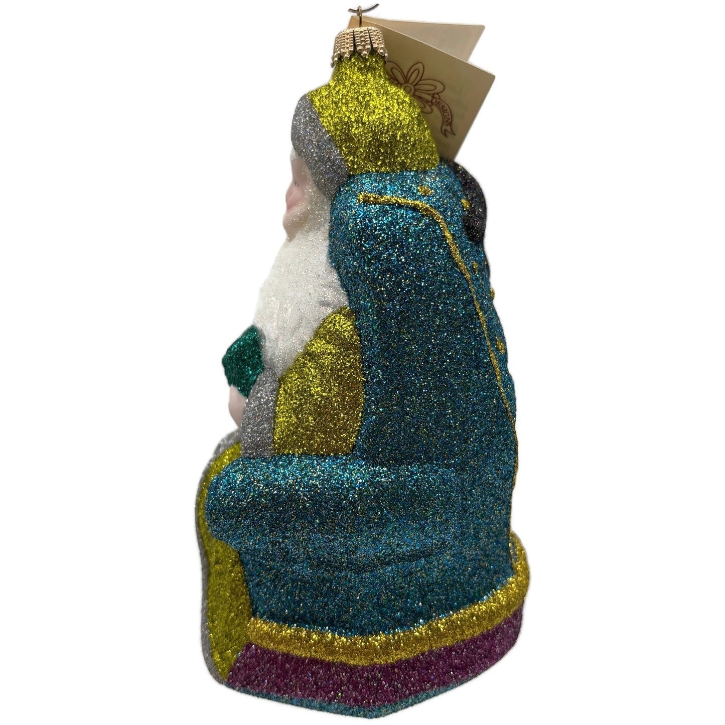 Larry Fraga Settling In Yellow Santa Claus Black Bear Glitter Christmas Ornament