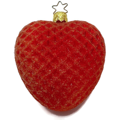 Inge Glass Ornament Red Glittered Waffle Heart Valentines Christmas Tree Decor