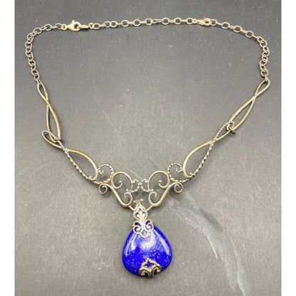 Carolym Pollack Lapis Lazuli Pendant Necklace Blue 925 Sterling Silver Filigree