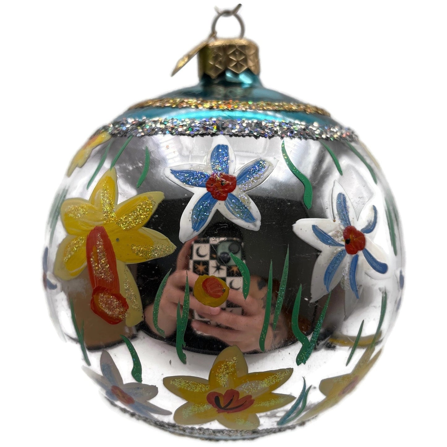 Christopher Radko Floral Glass Ornament Silver Blue Yellow Hand Painted Glitter