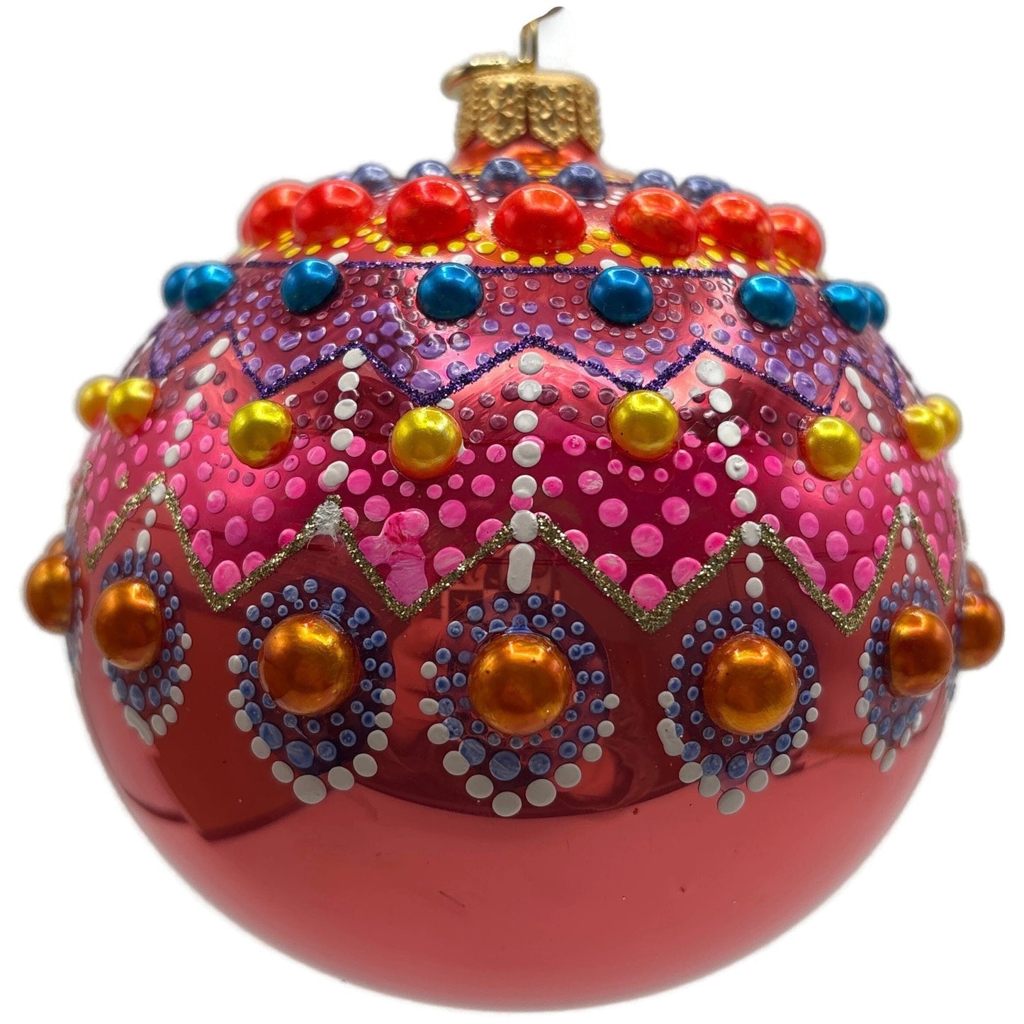 Glitter Lab Coral Mandala Ball Polka Dots Red Gold Christmas Tree Ornament