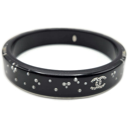 Chanel Black Resin Faux Pearl Crystal CC Logo Details Bangle Bracelet Jewelry