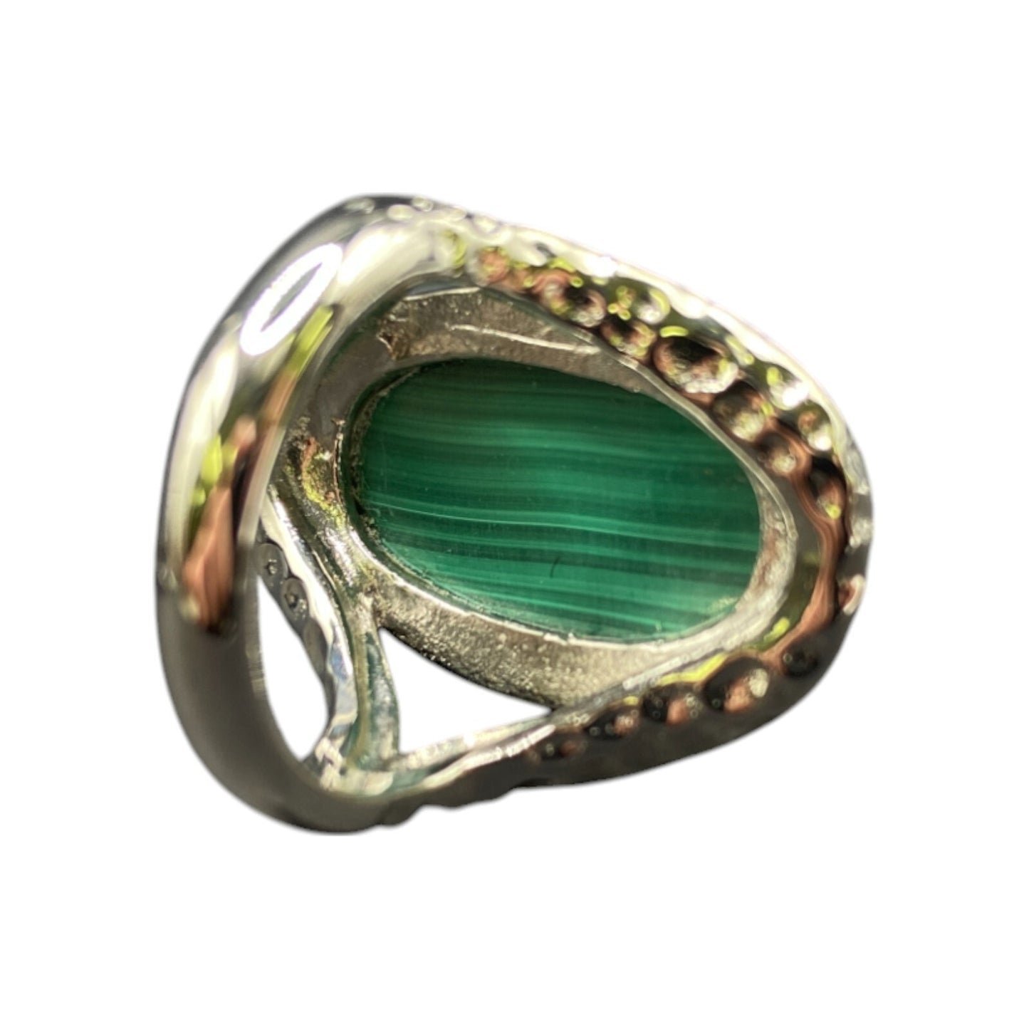 Malachite Ring Green Gemstone Oval Cabochon Hammered Stainless Steel GSJ Size 8