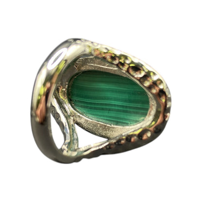 Malachite Ring Green Gemstone Oval Cabochon Hammered Stainless Steel GSJ Size 8