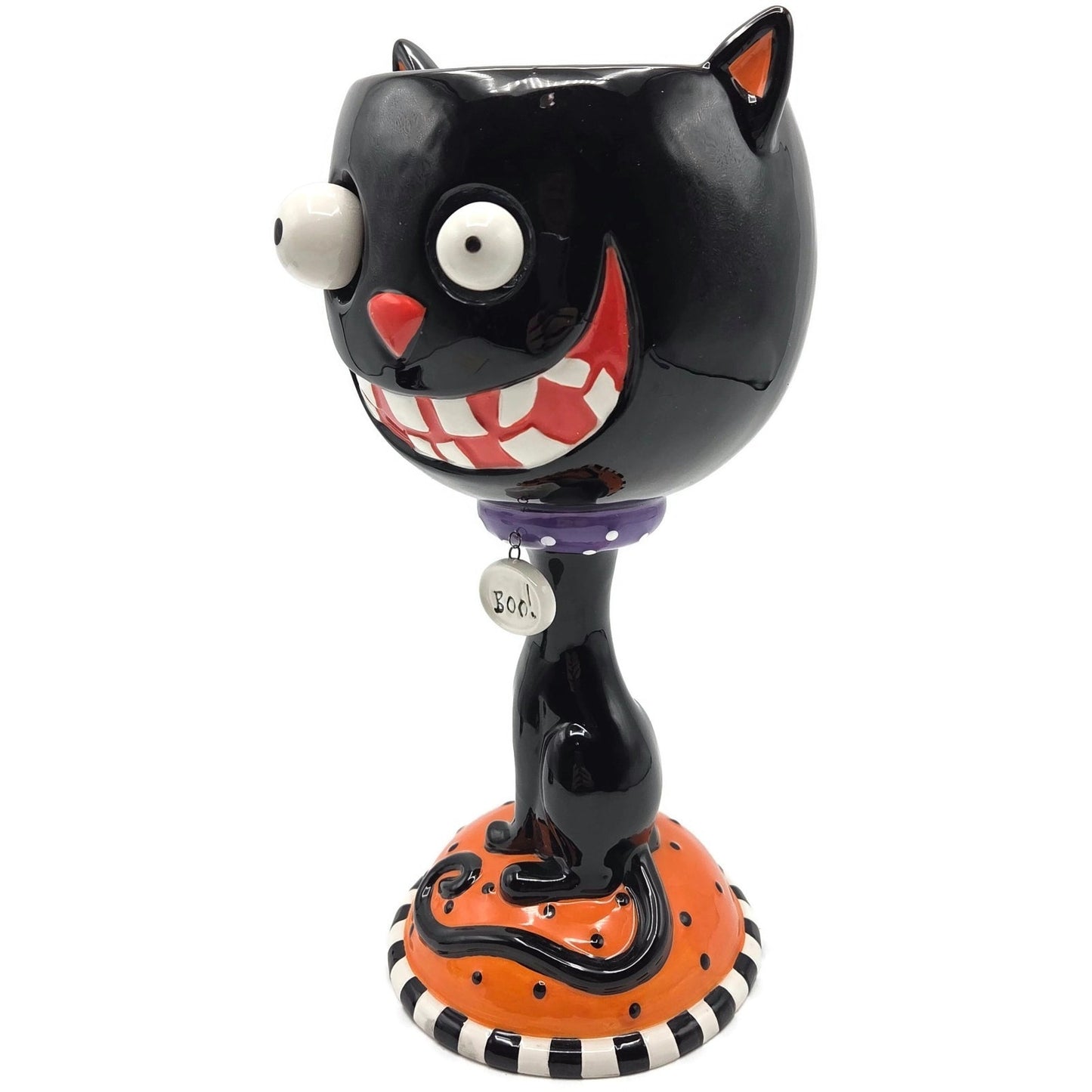 Department 56 Halloween Google Eye Black Cat Goblet Ceramic Candy Dish Party