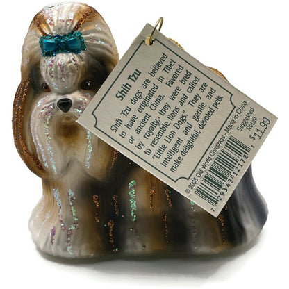 OWC Shih Tzu Dog Ornament Blue Bow Pet Glittered Old World Christmas Tree Decor