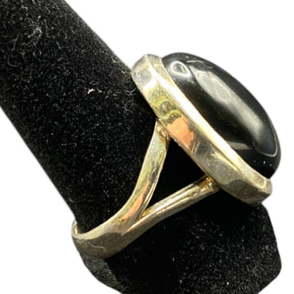 Black Onyx Cocktail Ring Oval Cabochon Gemstone Silver Tone Metal Size 7