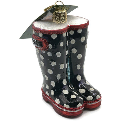Rubber Boots Ornament Black Polka Dots OWC Old World Christmas Tree Decoration