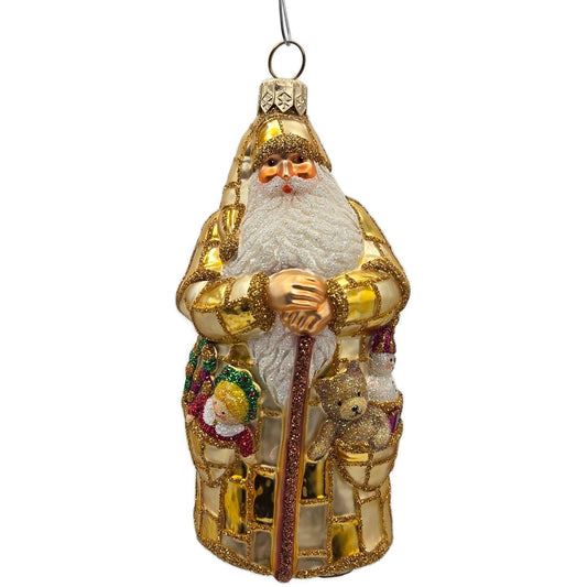 Patricia Breen Patchwork Santa Gold Glitter Plaid Glass Christmas Tree Ornament