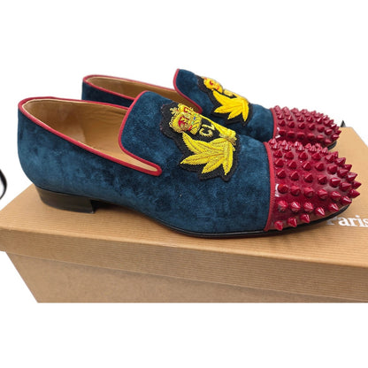 Christian Louboutin Harvanana Flat Veau Velours Blue Size 39 Spikes Crest Loafer