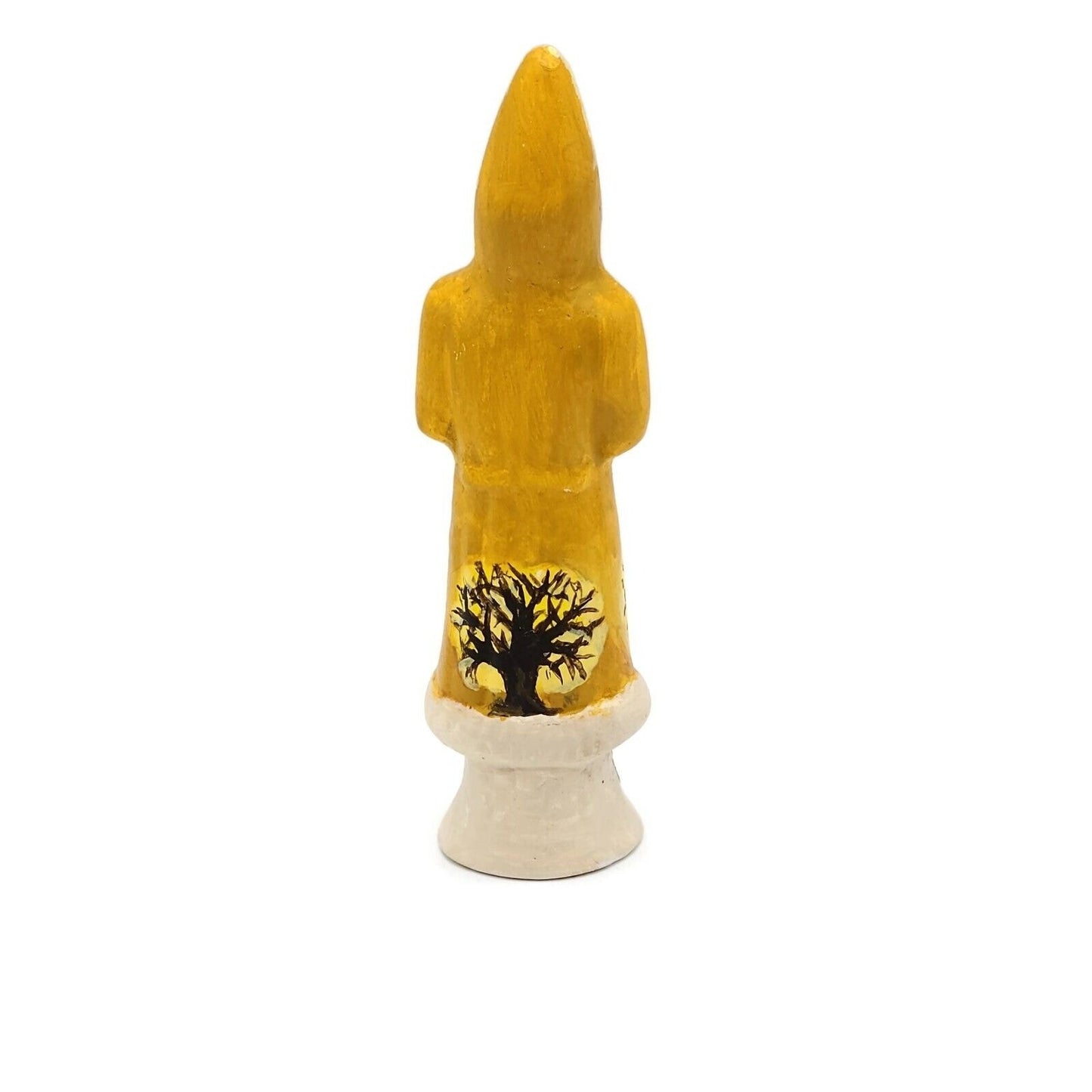 Father Christmas Trees Yellow Coat Chalkware Folk Art Holiday Figurine