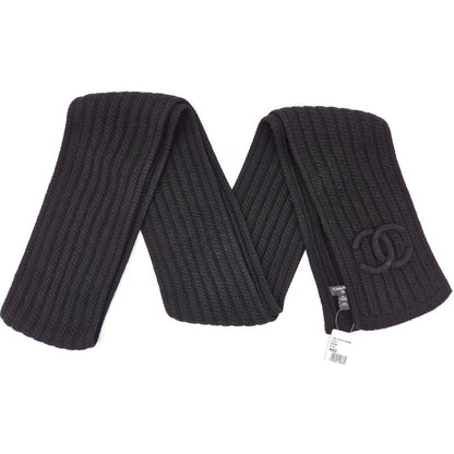 Chanel 10A Black Cashmere Ribbed Scarf with Large Signature CC Logo 120"X6" NWT