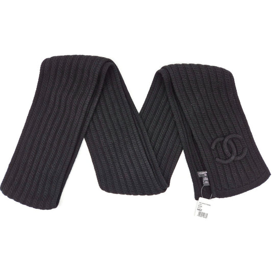 Chanel 10A Black Cashmere Ribbed Scarf with Large Signature CC Logo 120"X6" NWT