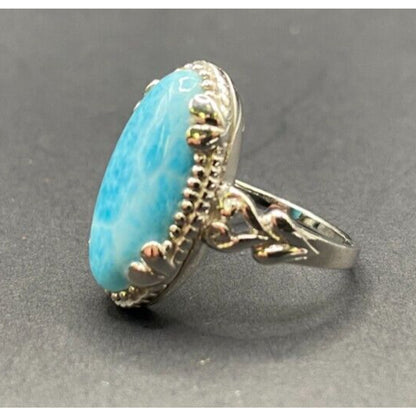 Larimar Gemstone Ring Oval Gemstone 925 Stering Silver JS Thailand Size 8