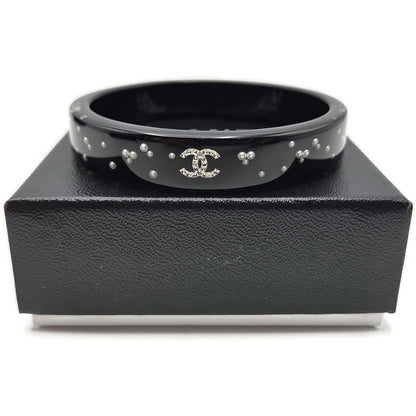 Chanel Black Resin Faux Pearl Crystal CC Logo Details Bangle Bracelet Jewelry