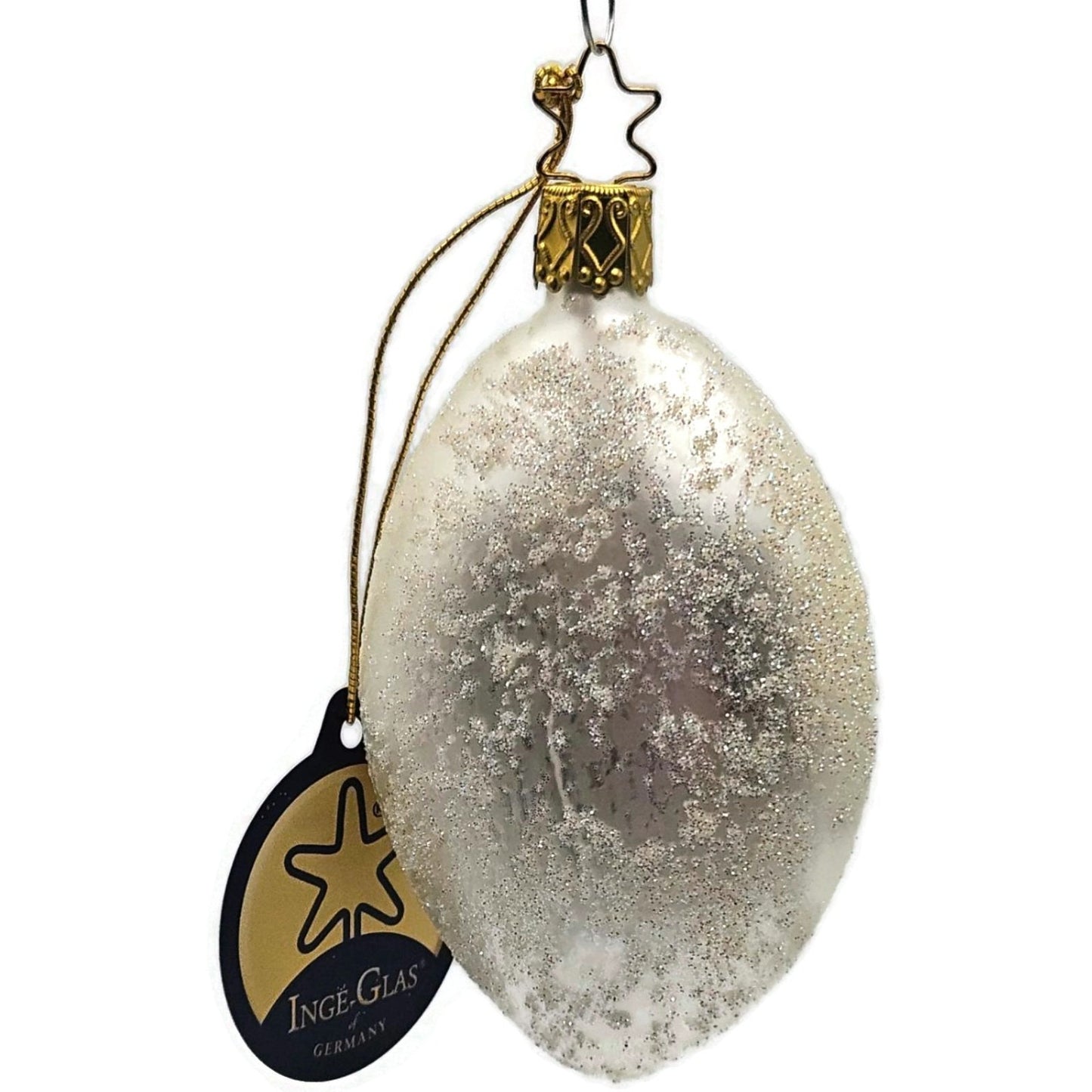 Inge Glass White Ribbon Glittered Glass Ornament German Christmas Tree Ornament