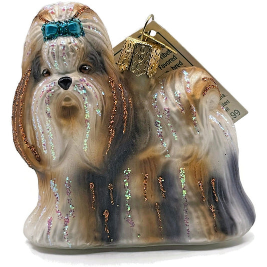 OWC Shih Tzu Dog Ornament Blue Bow Pet Glittered Old World Christmas Tree Decor